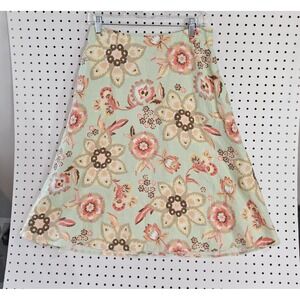 J. Jill Skirt Womens Sz S Green Floral Linen‎ Midi Aline Flare Peach Spring